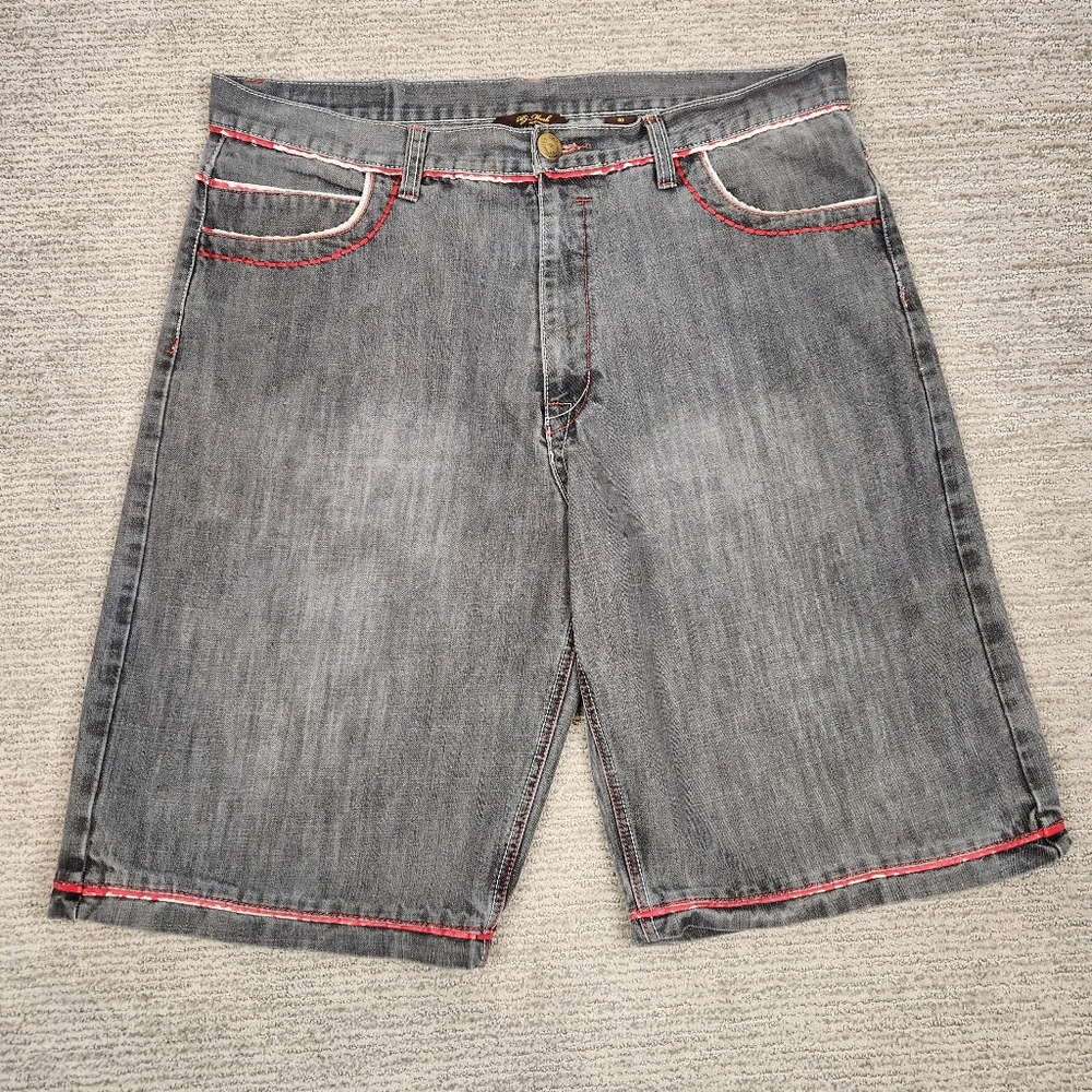 Y2K Baggy Gray Denim Shorts Mens 40 Wide Leg Streetwear Hip Hop Grunge PJ Mark